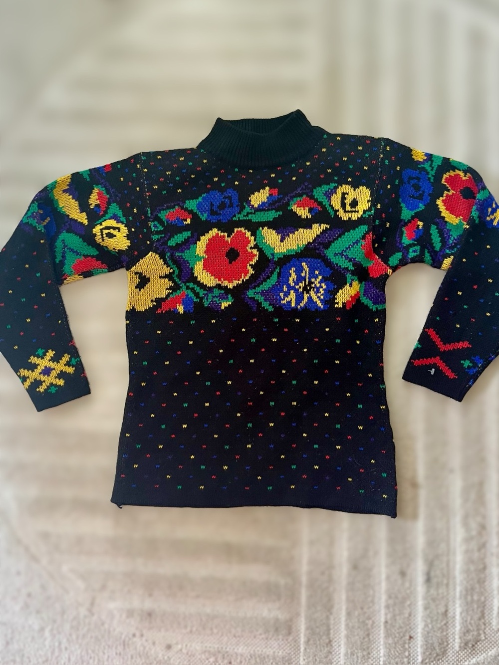 Vintage 80s Colorful Floral Grandma Knit Sweater - 100% Acrylic Sz M